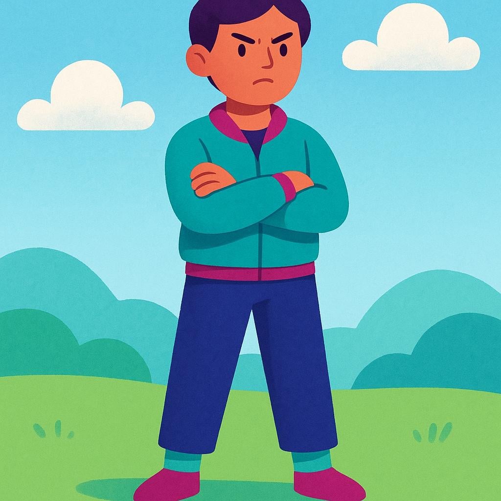 A cartoon figure standing very straight with their arms crossed over their chest, showing a resolute and determined expression, symbolizing firmness.