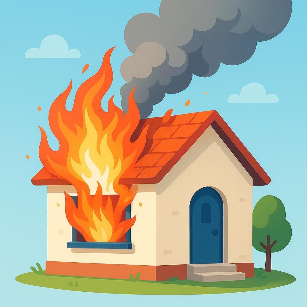 A stylized drawing of a small wooden building corner where fire is rapidly spreading and breaking out from a window and roof.