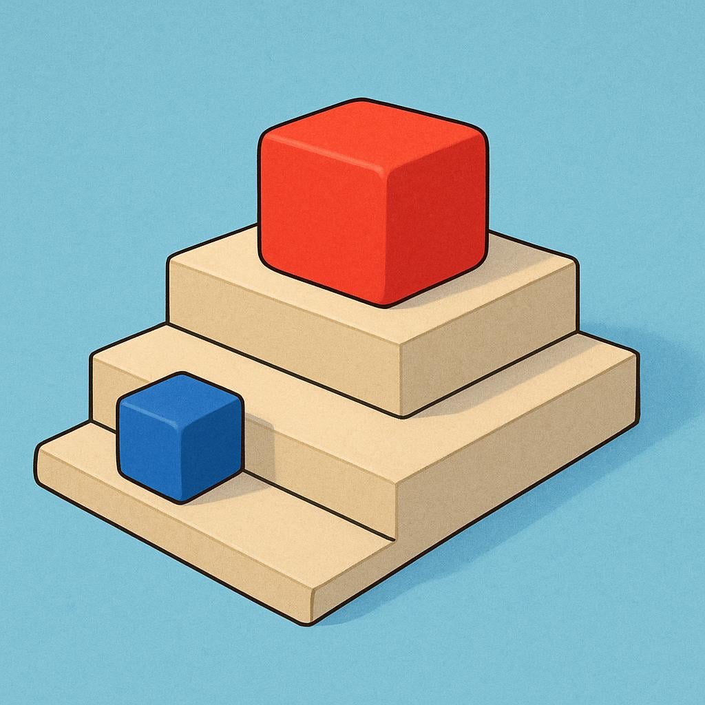 A large red block sitting on the highest step of a simple three-step platform, visually representing a higher level or rank compared to a smaller blue block resting on the bottom step.