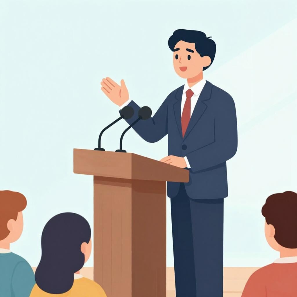 A formal person standing behind a podium with microphones, raising one hand to make an official announcement.