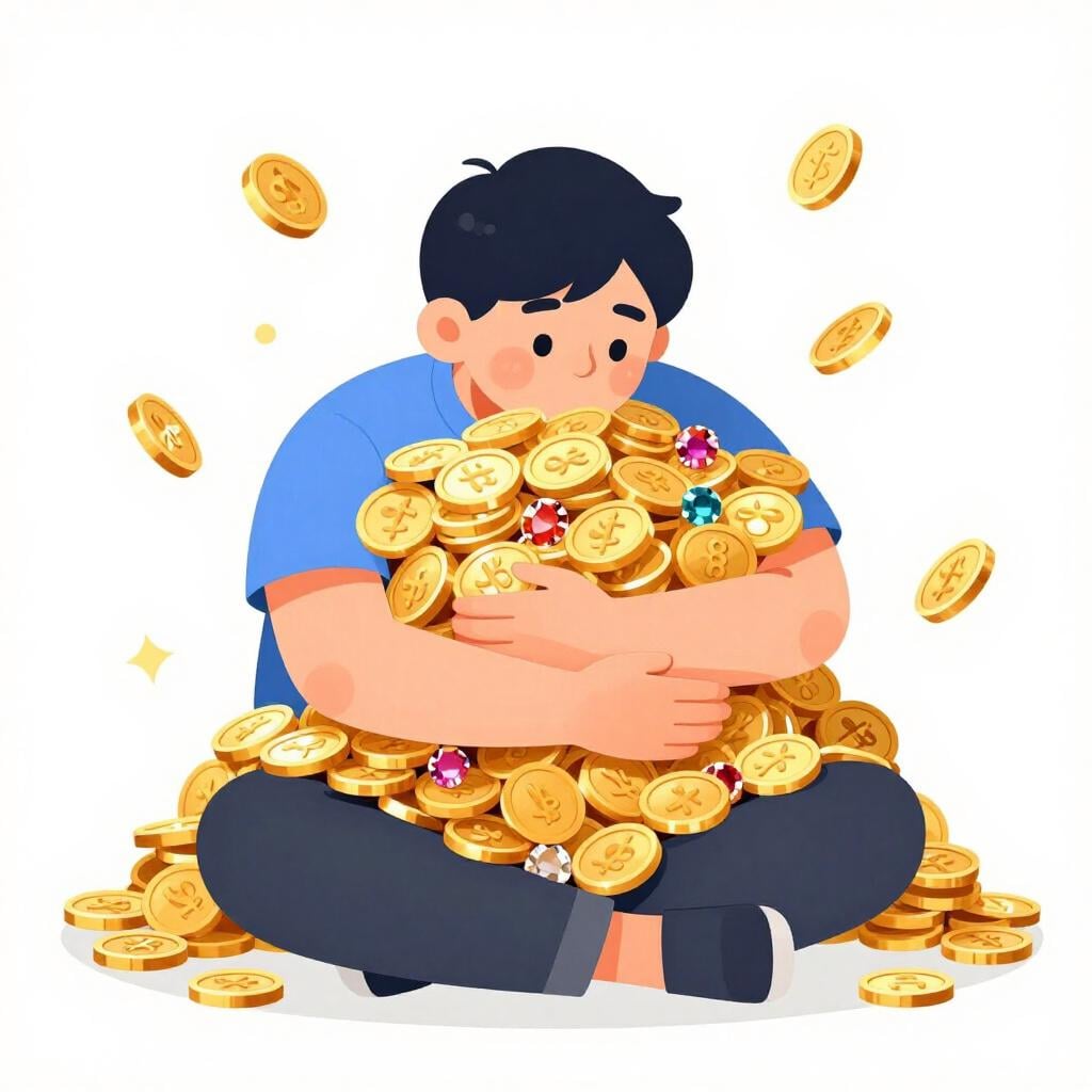Un personnage serrant une énorme pile de pièces d'or et de bijoux contre sa poitrine avec une expression écarquillée.