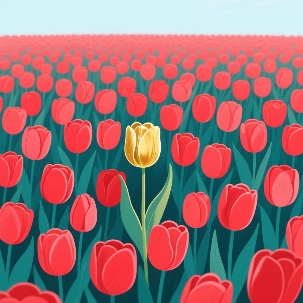 A single golden tulip standing prominently in a vast field full of identical red tulips, representing scarcity.