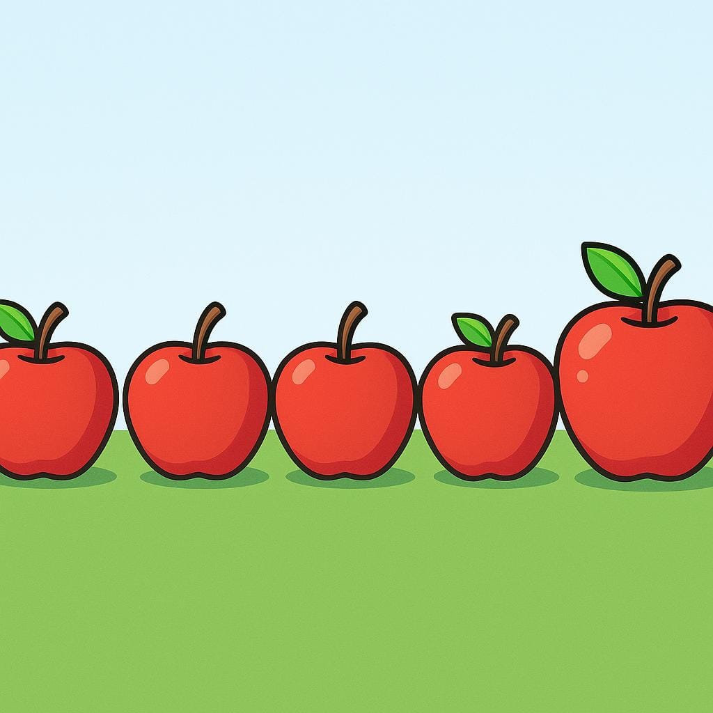 Una fila di cinque mele rosse identiche e dai colori vivaci appoggiate su una superficie verde. La quinta mela nella sequenza è chiaramente distinta essendo leggermente più grande.