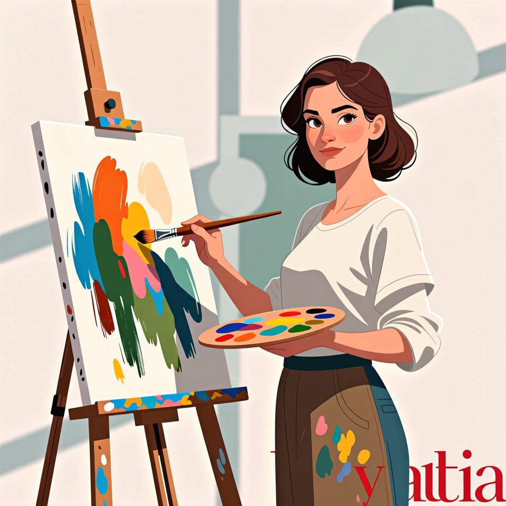A female artist standing next to a freshly painted canvas on an easel, holding a paintbrush, conveying that she personally completed the work.