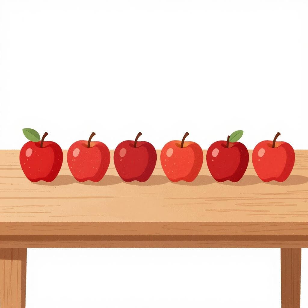 A row of ten identical red apples sitting on a wooden table.