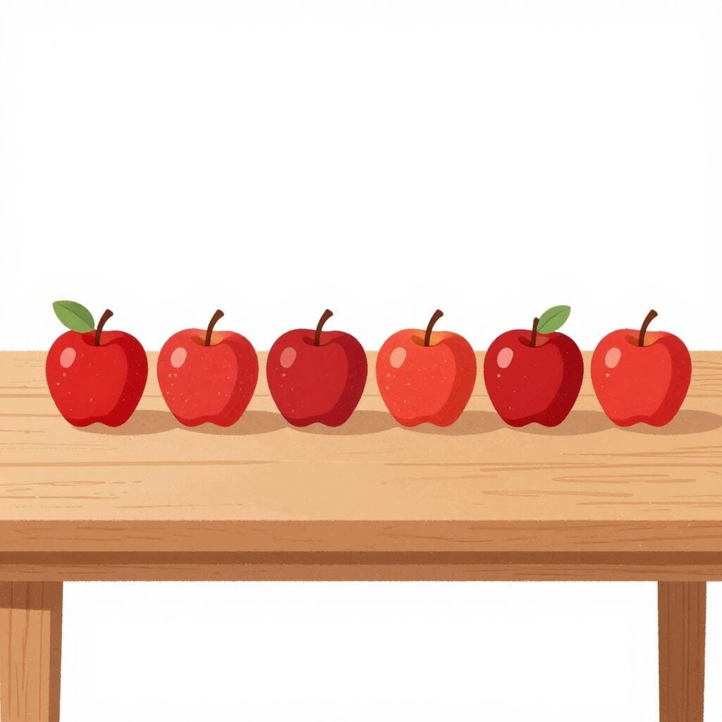 A row of ten identical red apples sitting on a wooden table.