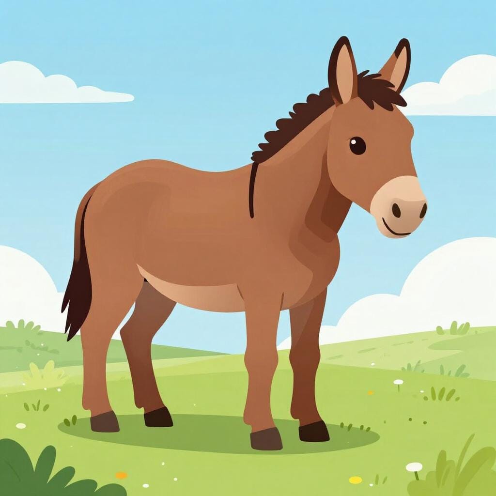 A sturdy mule standing in a grassy field.