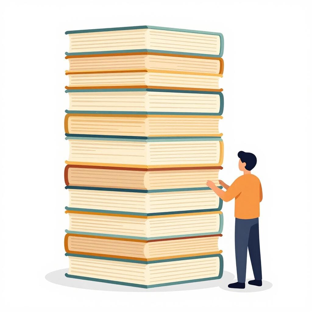 Uma pessoa minúscula ao lado de uma pilha muito alta, organizada de pastas coloridas e papéis.