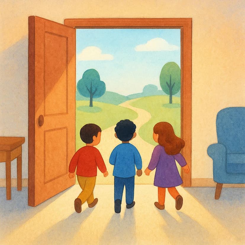 Three small figures walking through an open doorway, exiting a building and stepping outside, illustrating physical departure.