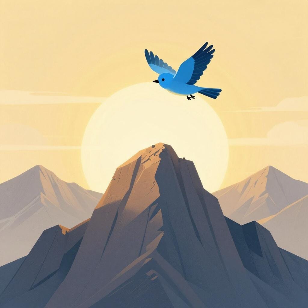 A bird flying high above a mountain peak into a bright, colorful sky.