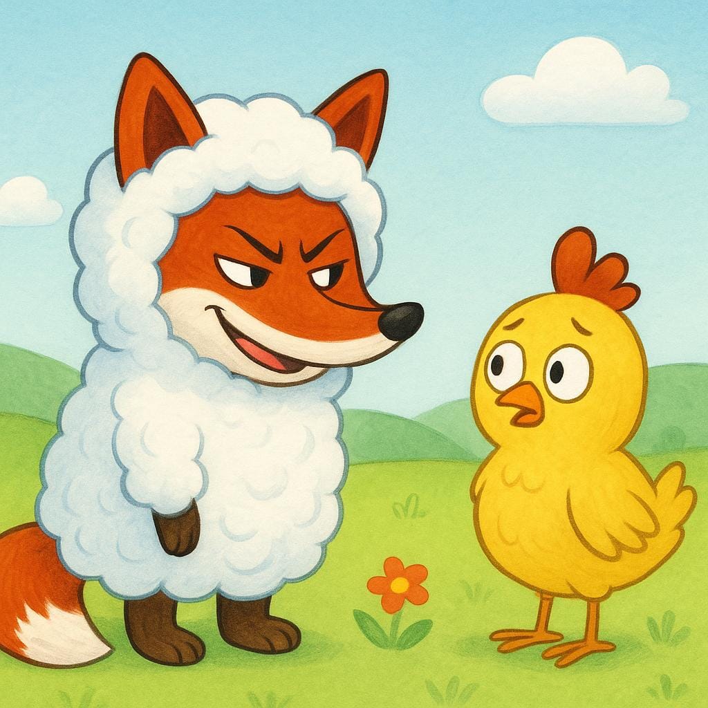 Un renard sournois déguisé en costume de mouton blanc et duveteux souriant de manière rusée à une poule jaune confuse, illustrant le concept de tromperie générale.