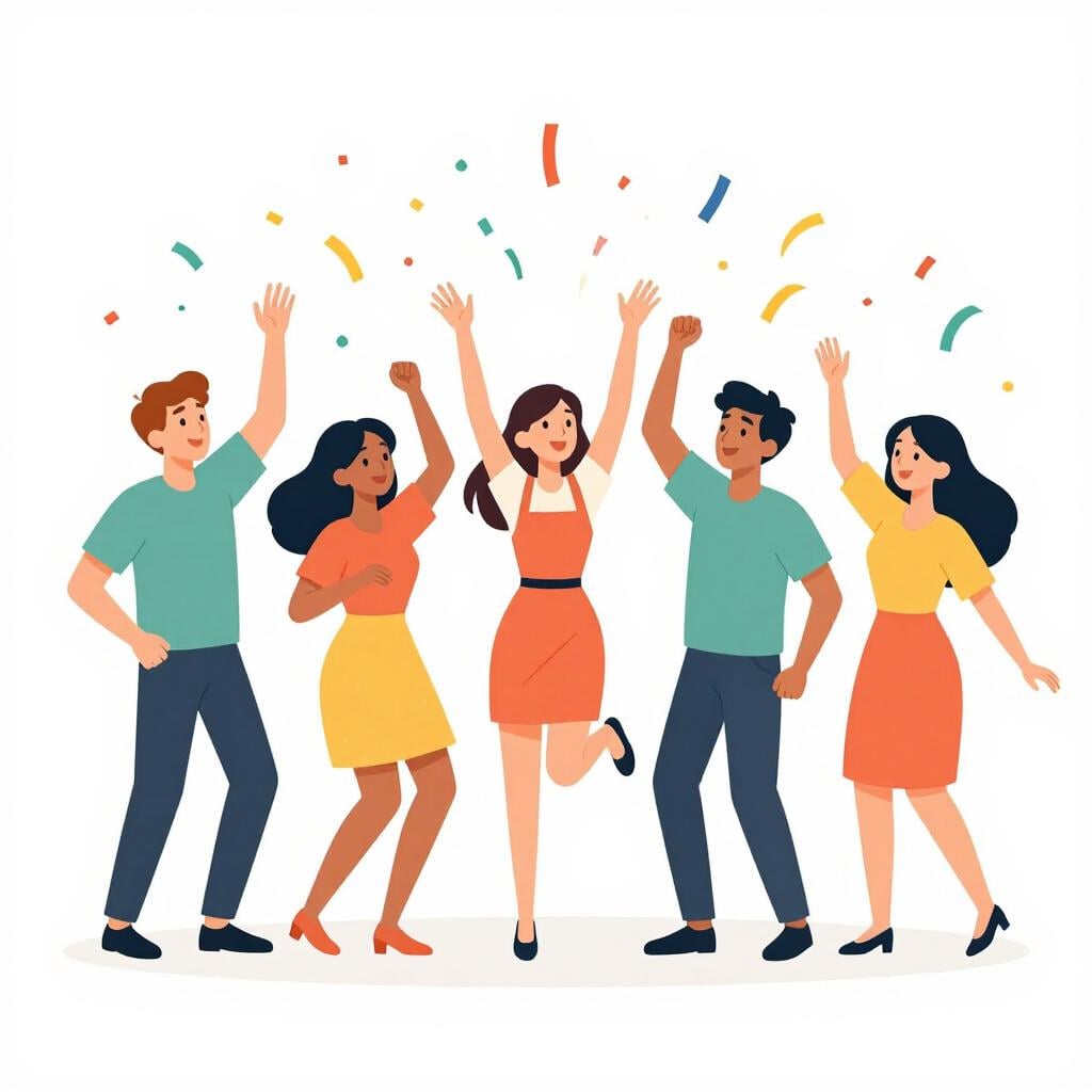 A group of happy people dancing and cheering at a bright outdoor party with confetti.