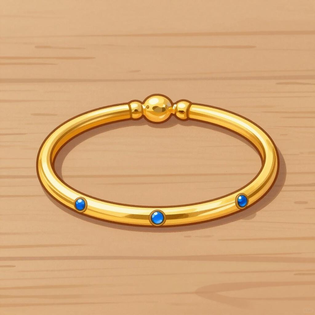 A shiny gold bracelet with small blue gems resting on a wooden table.