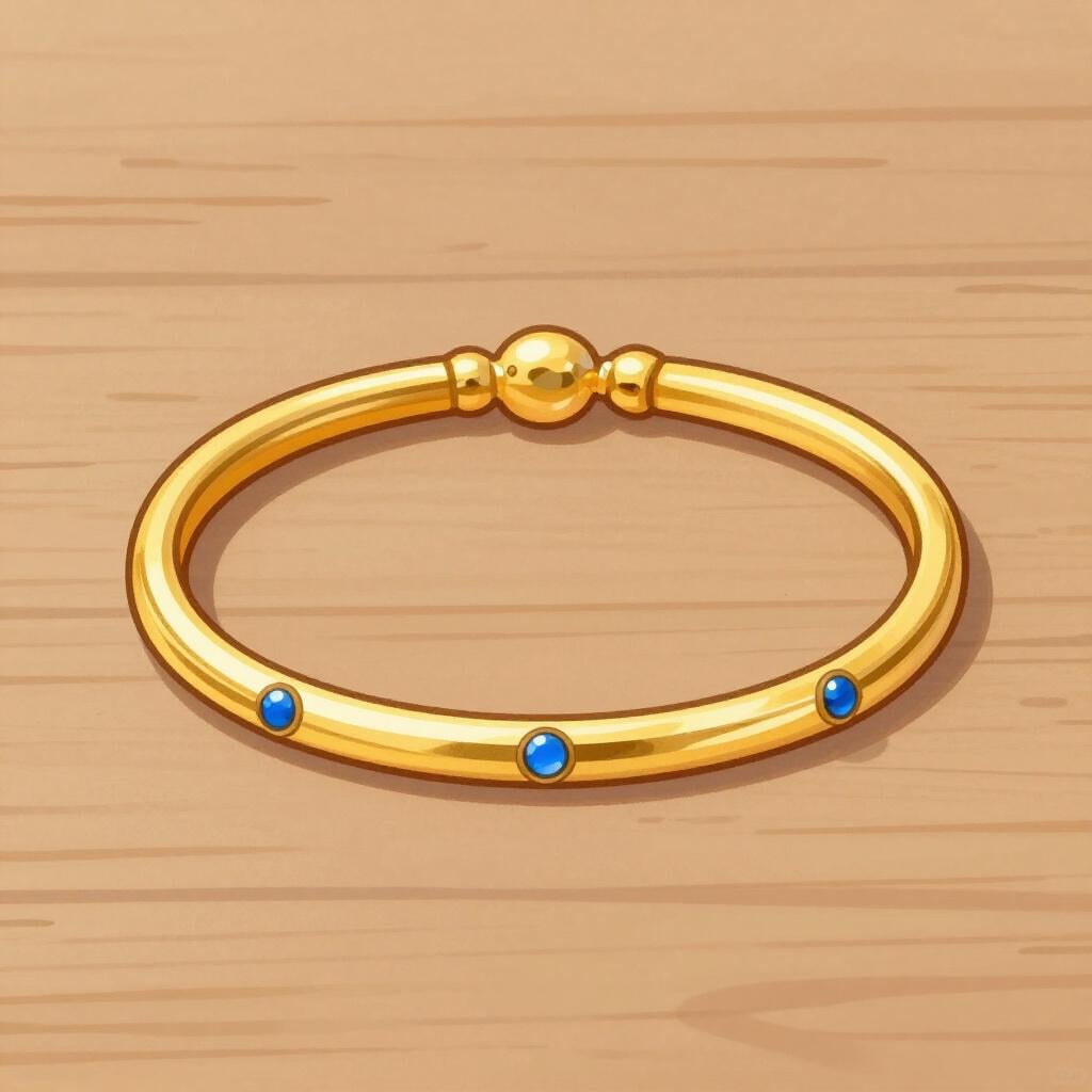 A shiny gold bracelet with small blue gems resting on a wooden table.
