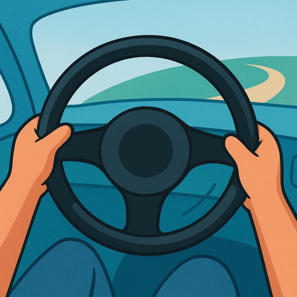 A close-up illustration of two hands firmly gripping and turning a large, circular steering wheel, symbolizing control and guidance.