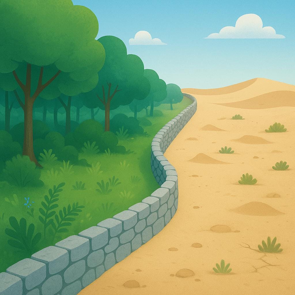 A winding stone fence clearly separating a lush green forest on one side from a vast, dry desert on the other side, symbolizing a national border.