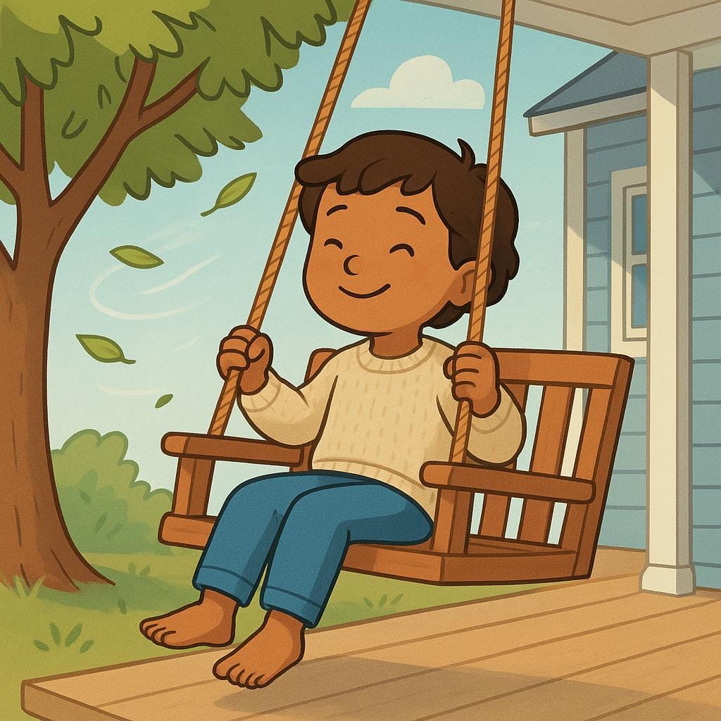 A smiling child enjoying a pleasant, cool breeze while sitting on a porch swing, wearing a light sweater.