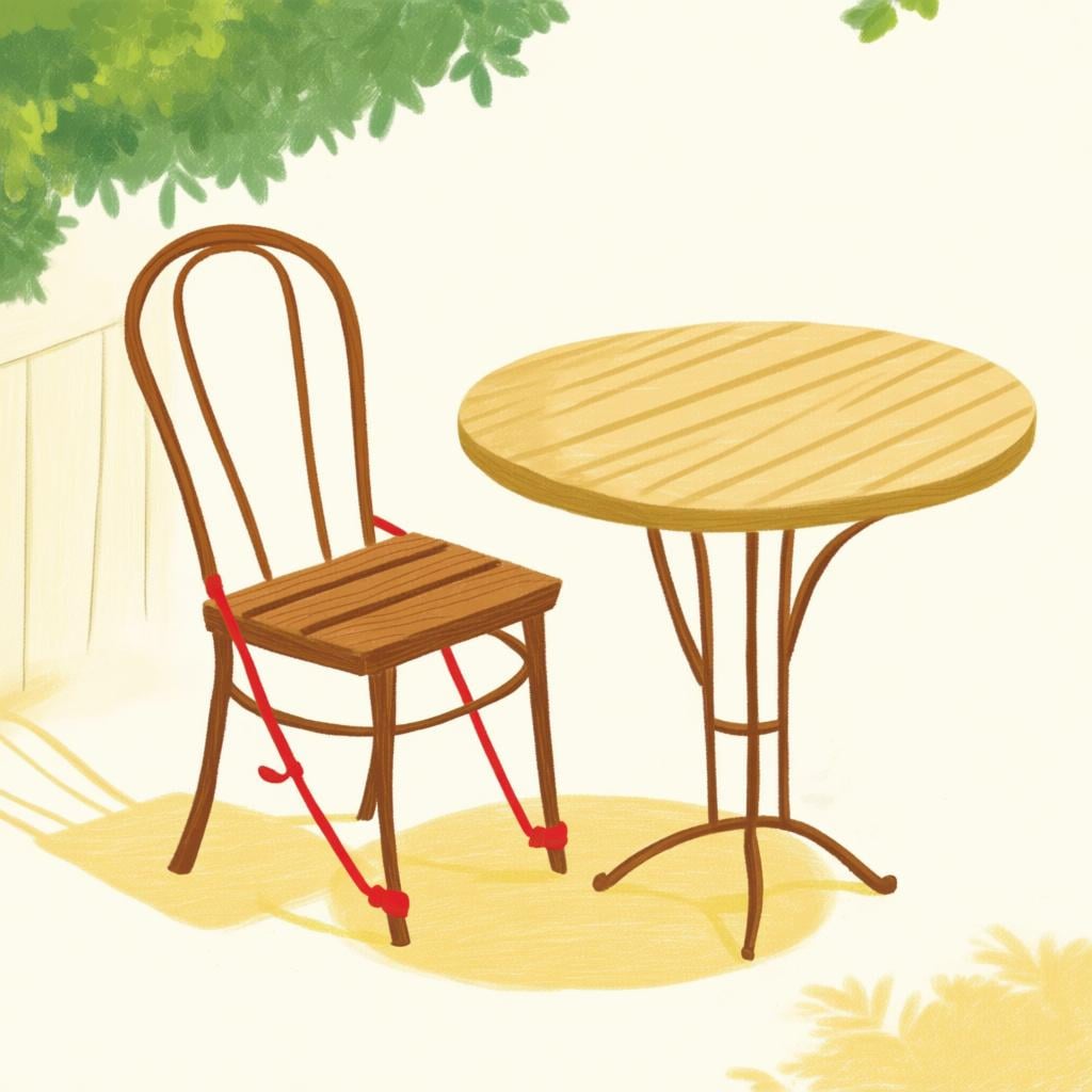 An empty wooden chair pulled up to a small round cafe table in a sunny setting, showing that the seat is available and unoccupied.