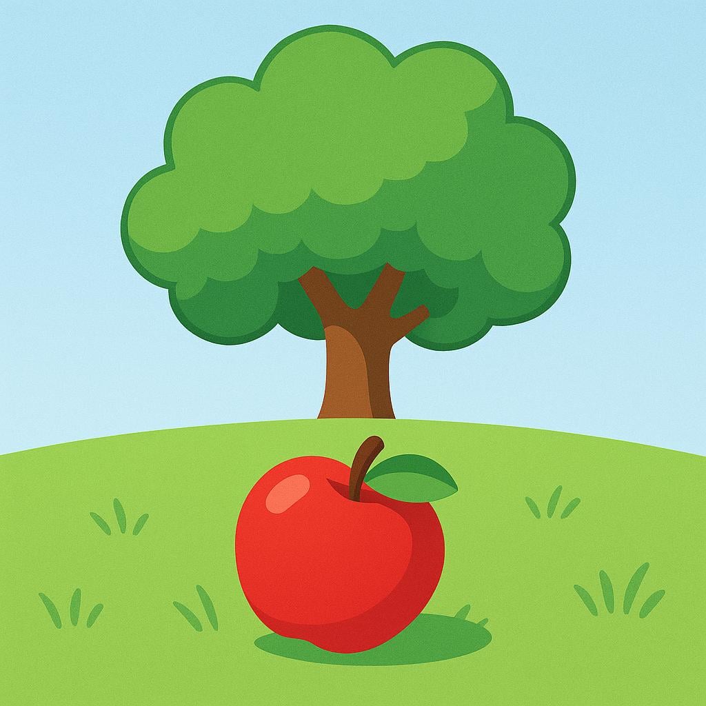 A bright red apple resting on the grass beneath the tree from which it fell.