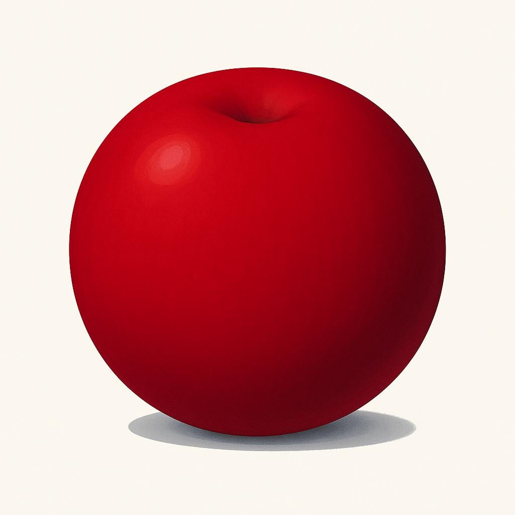 A single, large, perfectly round apple colored in an extremely deep, saturated crimson red.