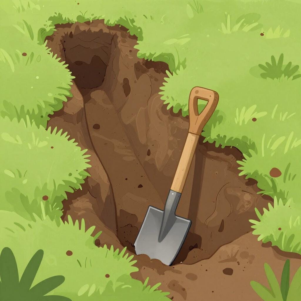 A deep, narrow excavation in the brown earth through a green field.