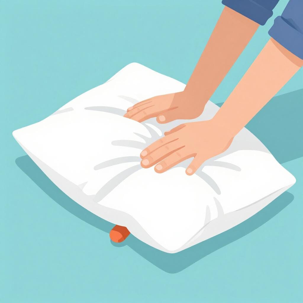 A person holding a fluffy pillow over a ringing alarm to quiet the noise.