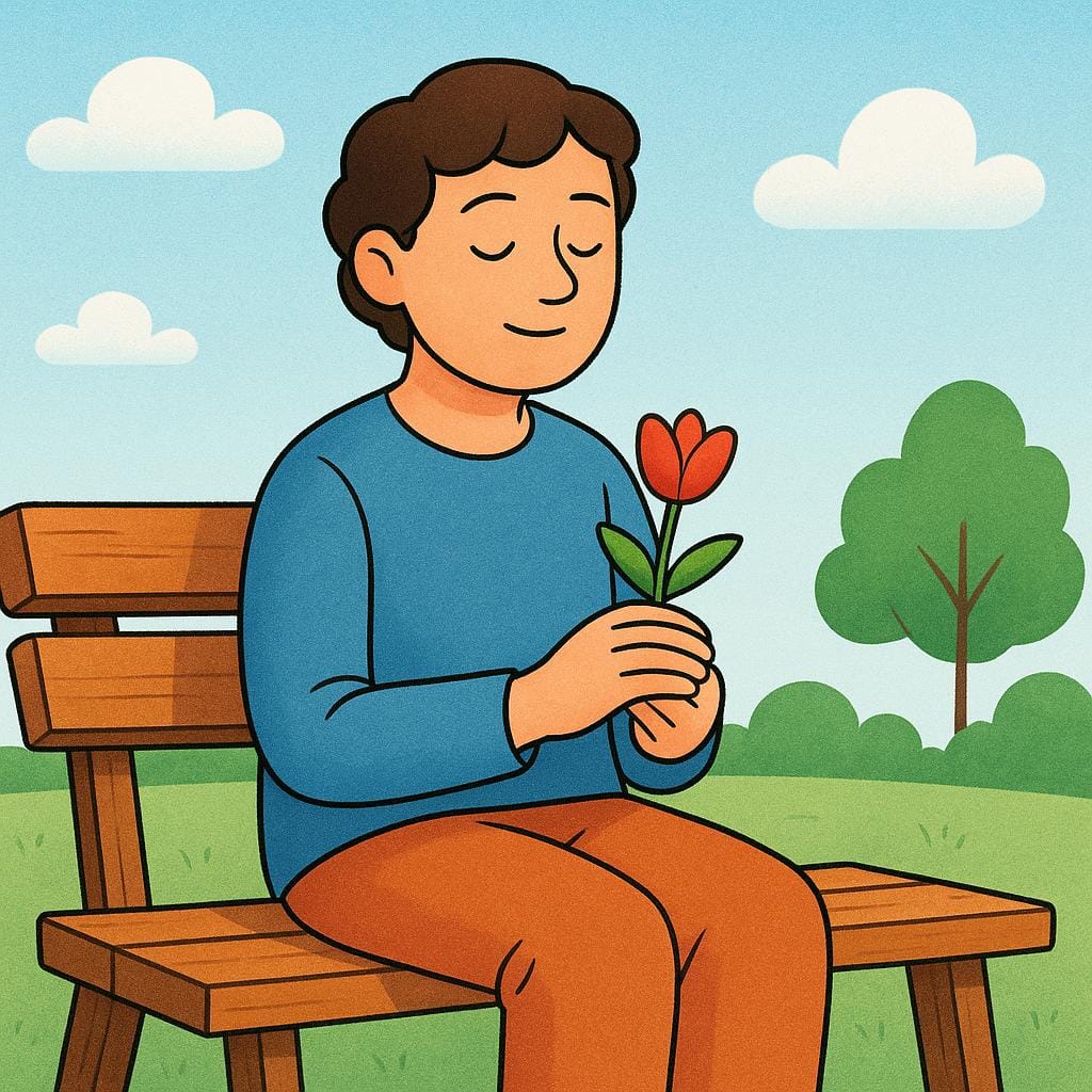 庭の木のベンチに座って静かに花を一本持っている穏やかな若者のイラスト。忍耐強さという資質を示している。