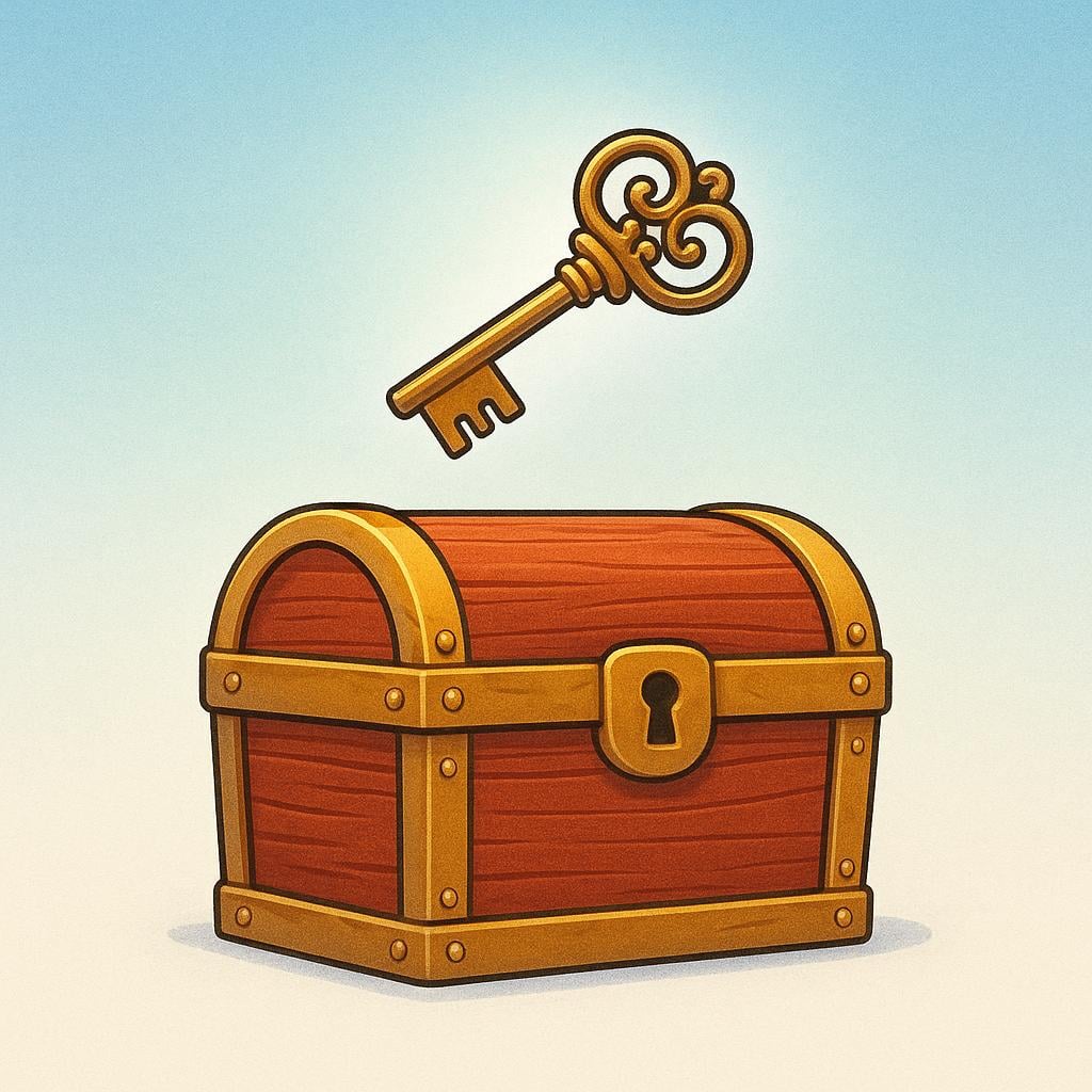 A large, closed wooden treasure chest sits on the ground. A distinct, antique key is floating loosely above the chest, symbolizing the right to access without obligation.