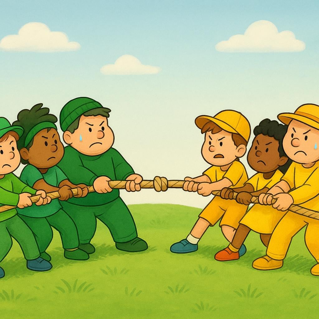 Two teams of cartoon figures pulling hard on a rope in a tug-of-war contest, demonstrating a competing or rival relationship.