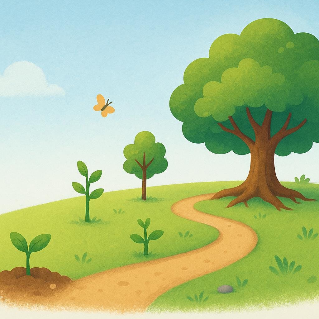 Une illustration simple montrant une chronologie de croissance, commençant par un petit semis et se terminant par un arbre mature.