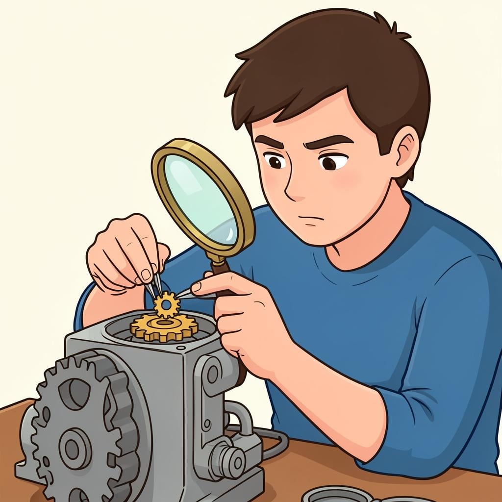 A person using a magnifying glass to carefully place a tiny gear into a small mechanical watch.