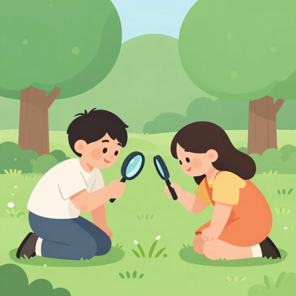 Two people in a park looking through a magnifying glass at the grass to find a lost item.