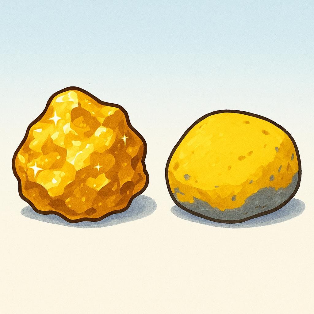 A genuine, shining gold nugget placed beside a dull, yellow-painted rock, illustrating the concept of authenticity.