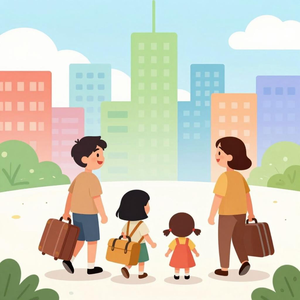 A family with suitcases walking toward a beautiful new city landscape under a bright sun.