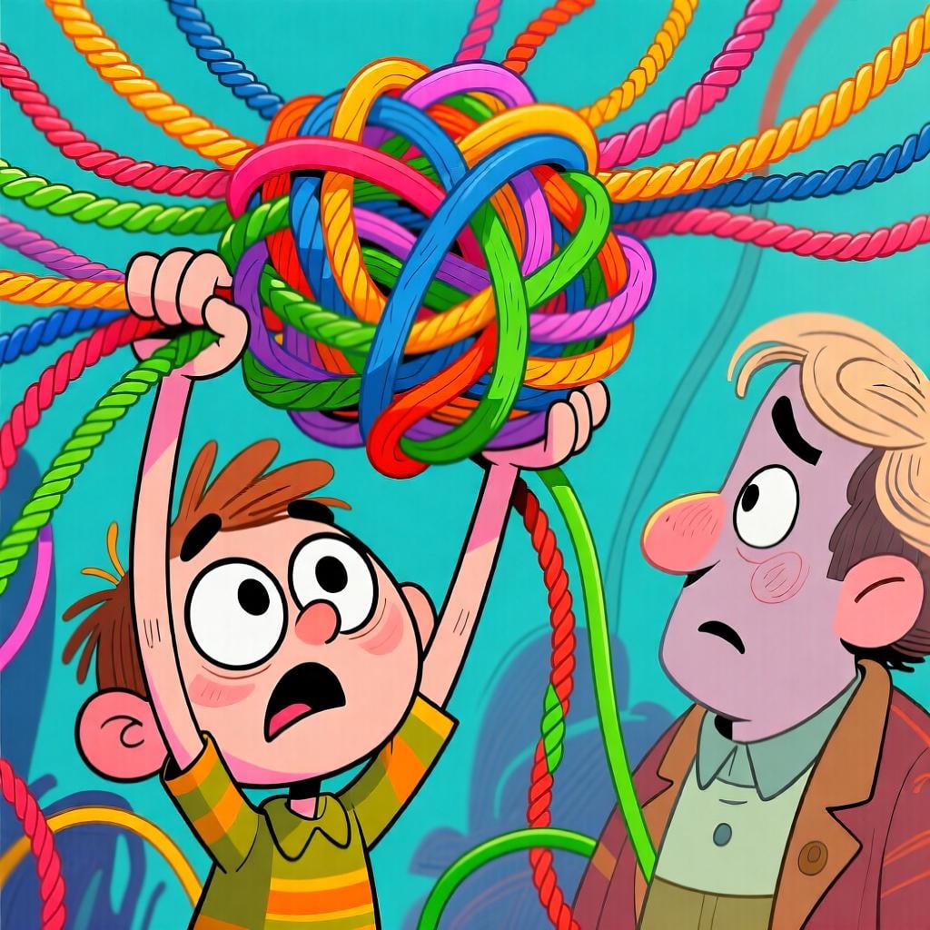 A person presenting a large, complicated, tangled knot of ropes as an explanation to a skeptical listener.