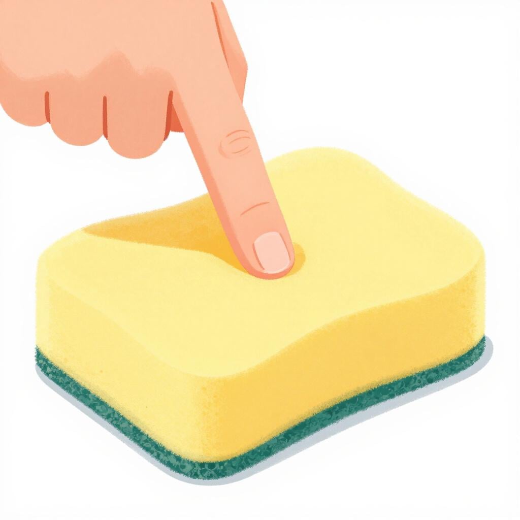 Un doigt appuyant sur une éponge jaune souple, créant une profonde indentation.