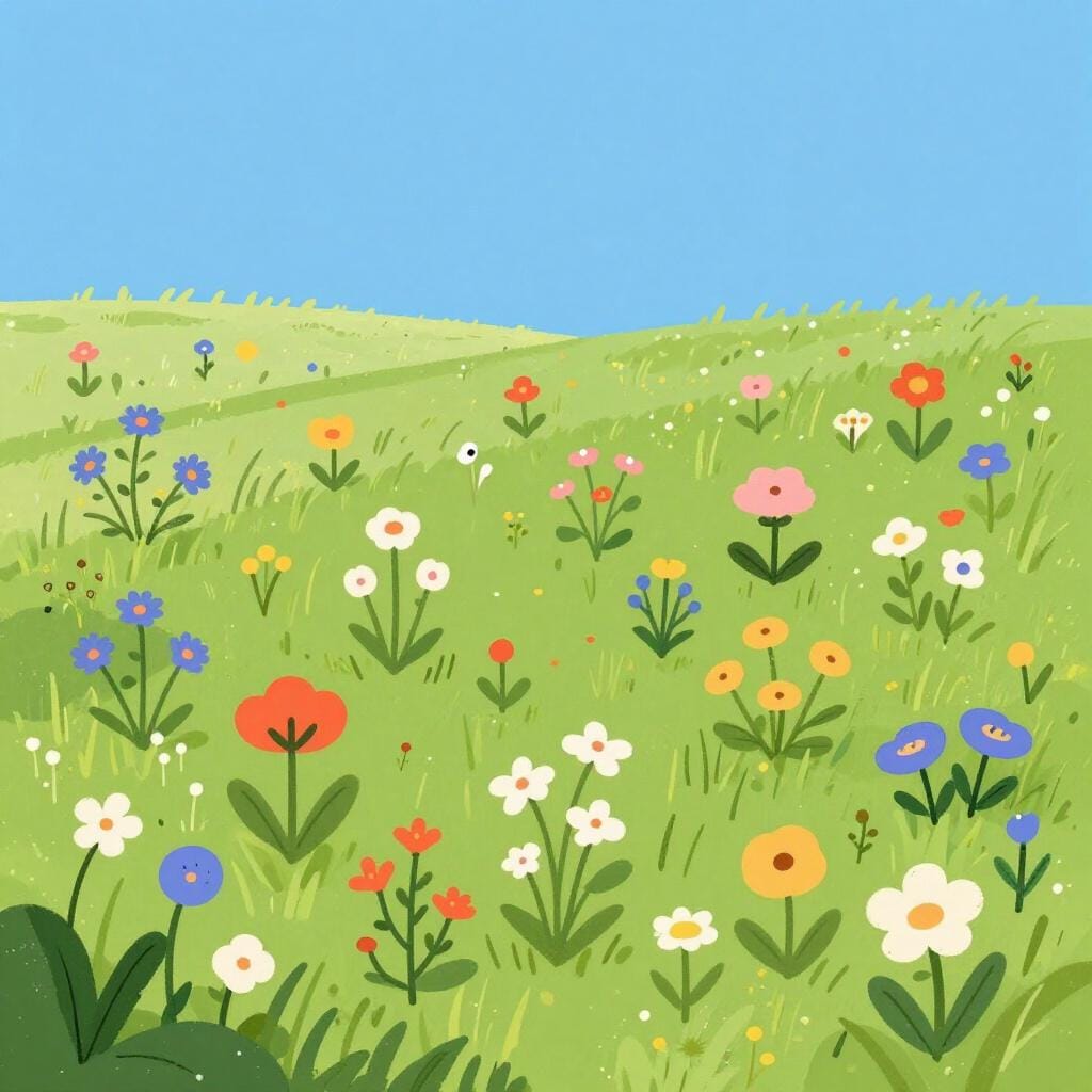 Un grappolo di fiori selvatici colorati che crescono naturalmente in un prato verde e lussureggiante.