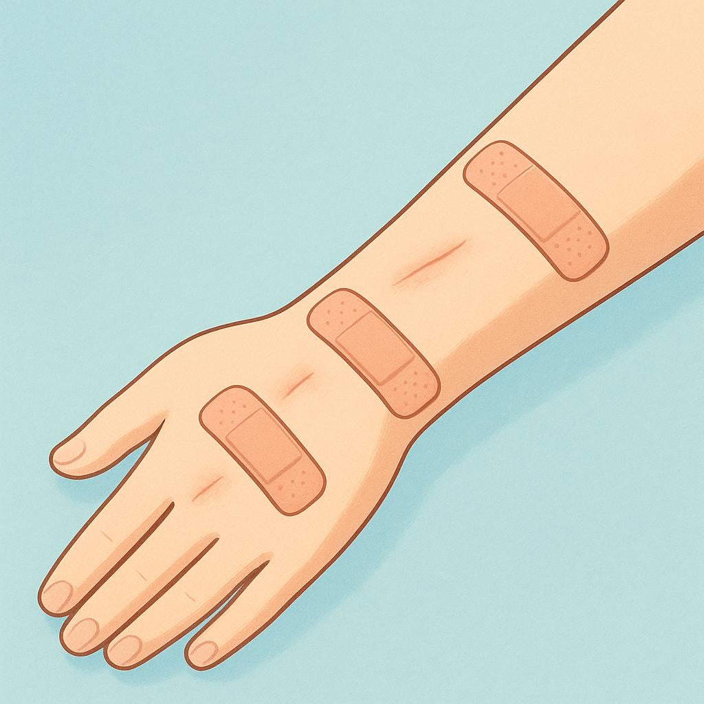 A close-up view of a human forearm showing three distinct, small cuts or scrapes, some partially covered by small, square bandages.