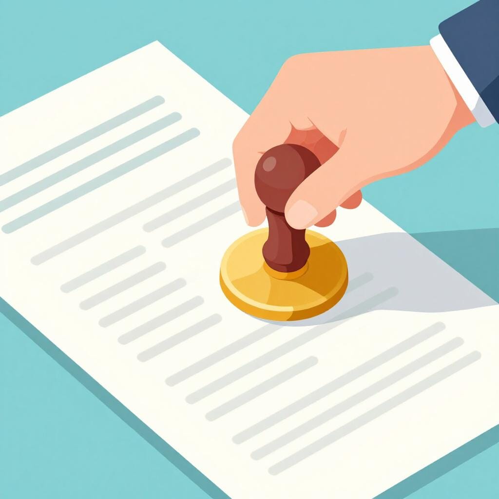 A hand pressing a large golden seal onto a formal paper document.