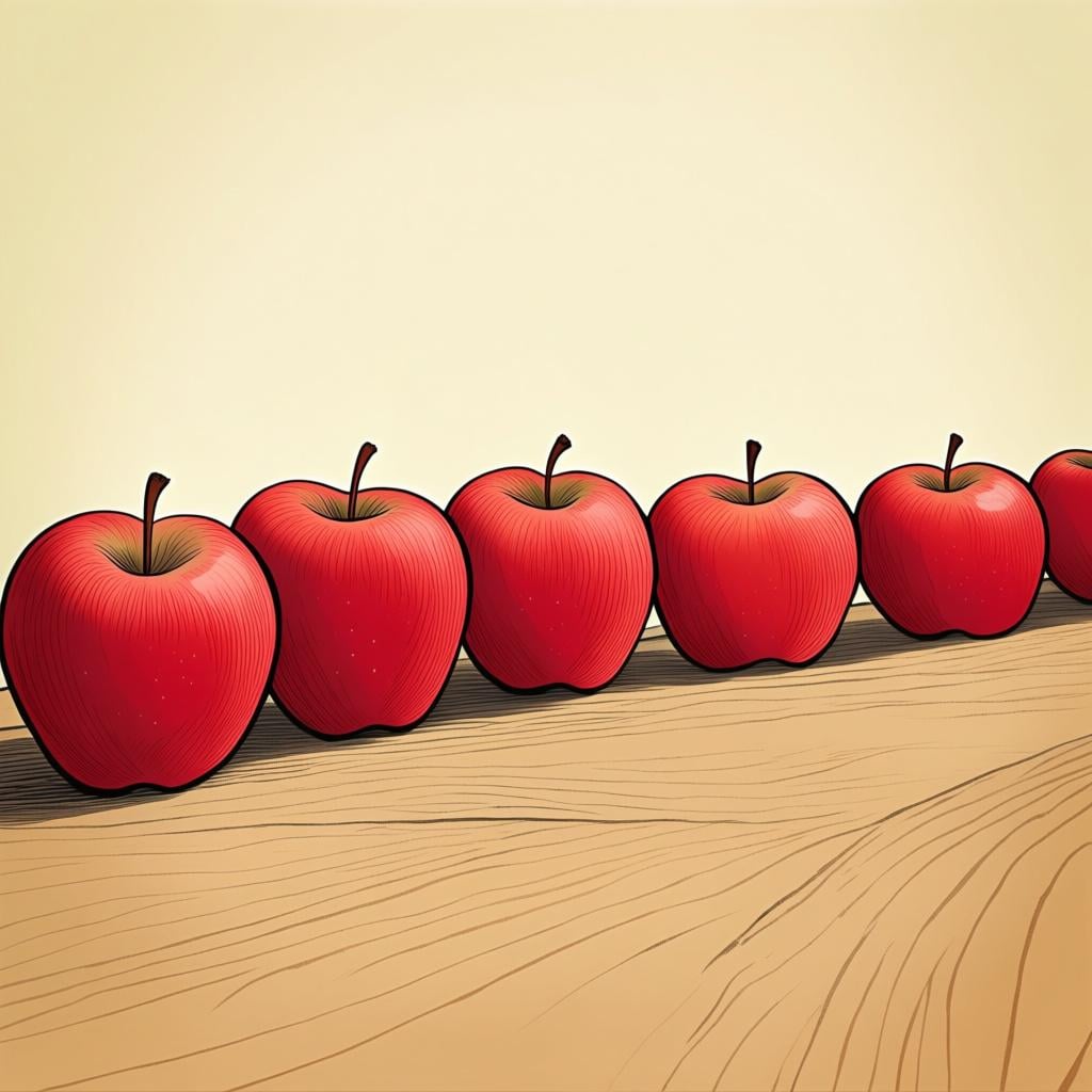 Six bright red apples arranged neatly in a single line on a light wooden surface, clearly showing the quantity of six.