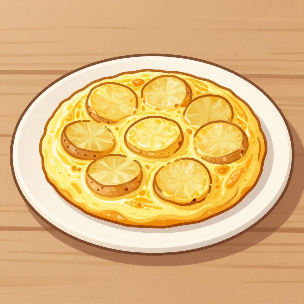 A thick, golden-brown Spanish potato omelet served on a rustic plate.