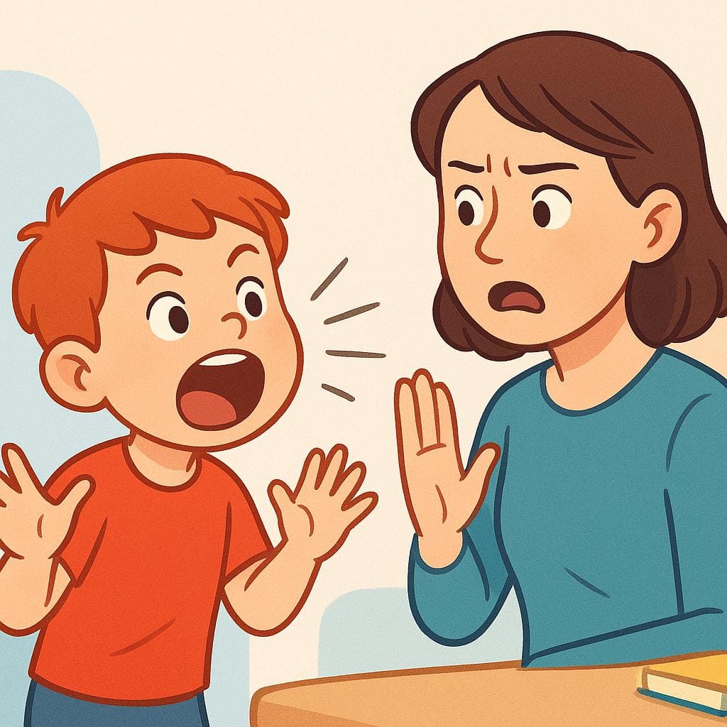 An illustration of a child rudely interrupting an adult who is speaking.