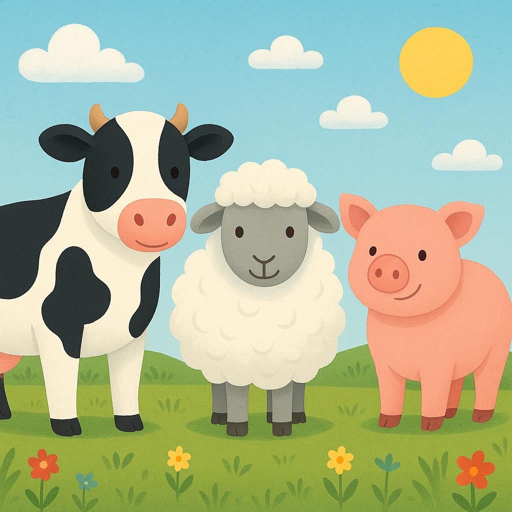 A simple colorful illustration showing a cow, a sheep, and a pig standing together in a sunny green pasture, representing farm animals collectively.