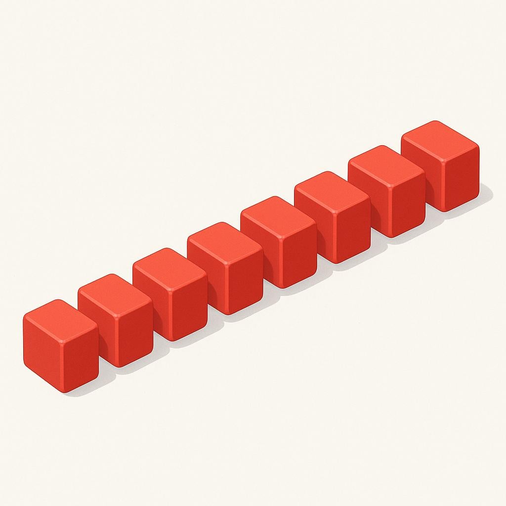 A neat, defined group of ten simple, identical red blocks arranged in a single line on a plain surface, representing a known quantity.
