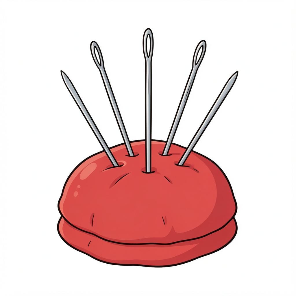 A collection of thin metal sewing needles resting on a pincushion.