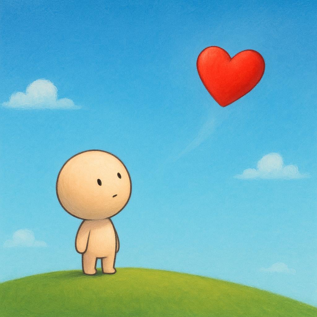 A small, simple character stands in a sparse, colorful landscape, watching a bright red heart shape drift away into the distance, symbolizing a memory that will be forgotten.