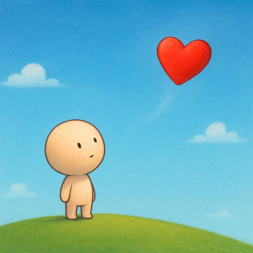 A small, simple character stands in a sparse, colorful landscape, watching a bright red heart shape drift away into the distance, symbolizing a memory that will be forgotten.