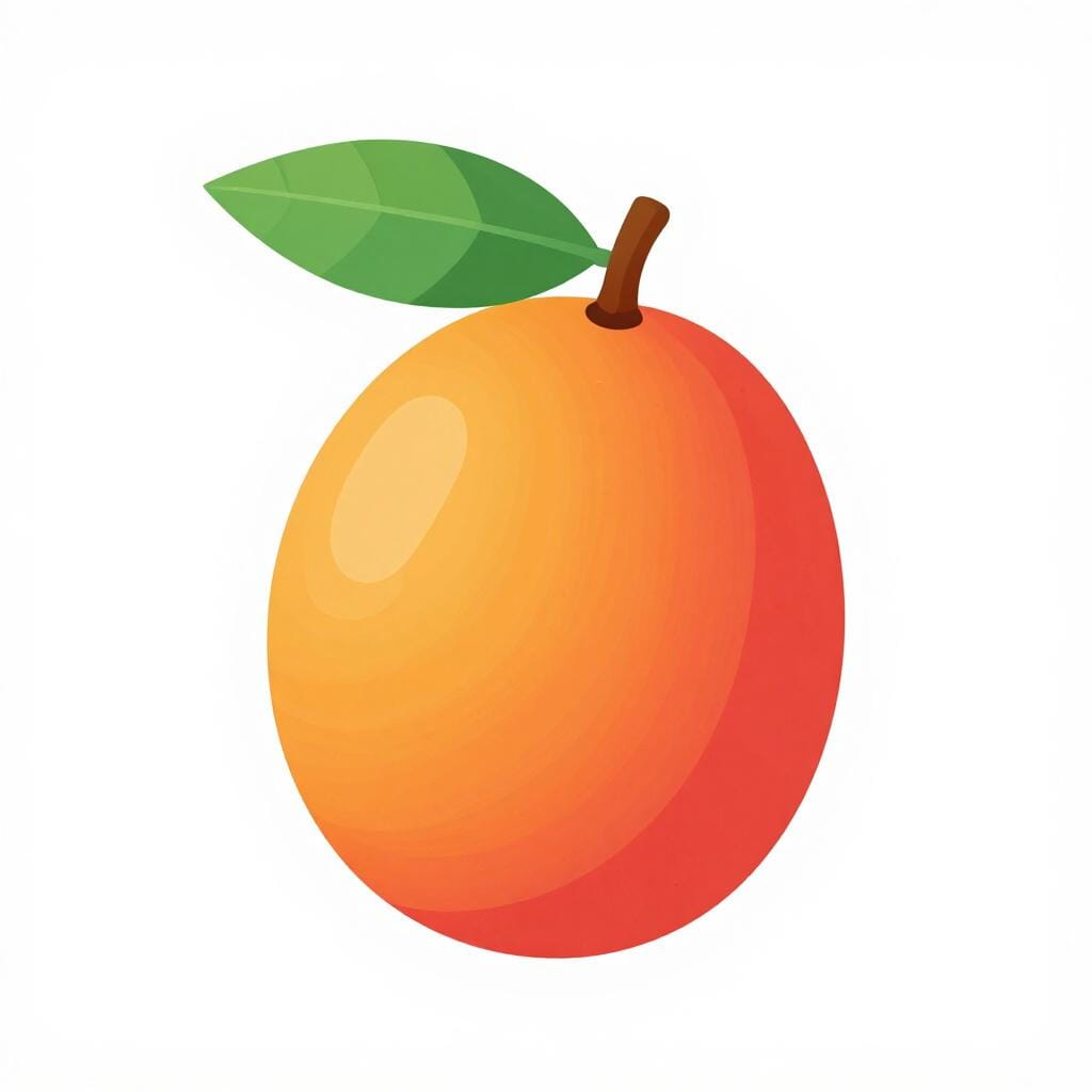 A whole ripe mango with orange and red skin and a green leaf on a white background.