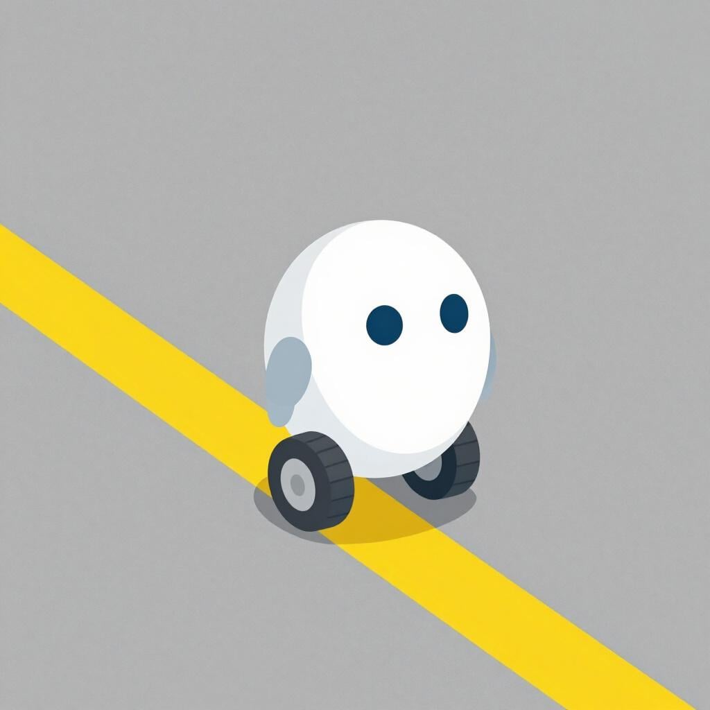 A small robotic device with wheels and a sensor following a bright yellow line on the floor.