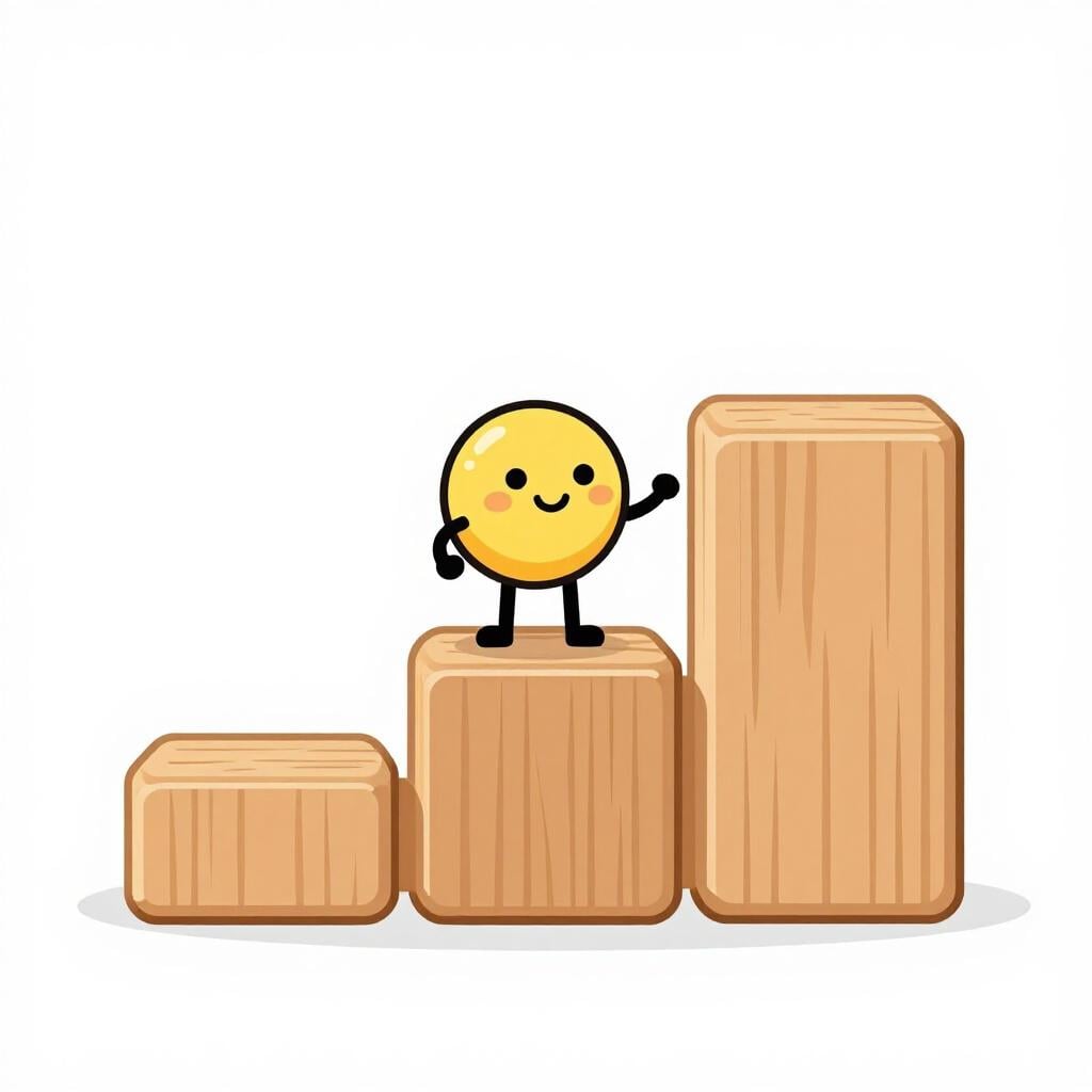 A character standing on the middle step of three colorful blocks, representing a medium level.